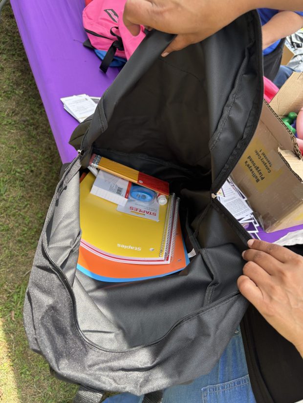 The backpacks distributed Saturday at Sellers Park included notebooks, folders, index cards, pencils and crayons. (KATHLEEN E. CAREY - DAILY TIMES)