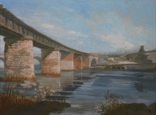"Late Winter Philadelphia and Reading Railroad Bridge," by Patrick Connors is one of 42 pieces by artist Patrick Connors that will be included in the exhibition "Along the Schuylkill: Patrick Connors and His Circle," on view, beginning Sept. 12 in the Duke Gallery at the Community Arts Center, Wallingford. (COURTESY OF CAC)