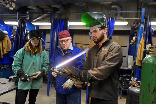 The Delaware County Community College Educational Foundation was recently awarded a $300,390 grant from the Chappell Culpeper Family Foundation to launch the Manufacturing Pathways Initiative, a comprehensive education-to-employment model designed to strengthen the local manufacturing workforce. Here, instructor Salvatore Russomanno teaches welding skills to students at DCCC. (COURTESY OF DCCC)