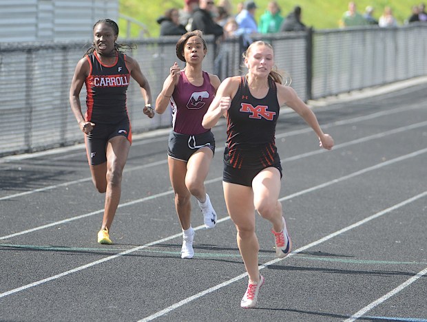 Marple Newtown's Justine Rumple runs the 400 meters at Delcos at Upper Darby last month. (PETE BANNAN/MediaNews Group) 