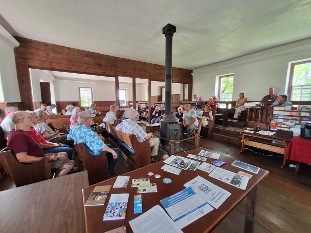 Members of the Boone Society hold their biennial reunion in the Reading area this week. Forty-one people, many of them Boone descendants, toured local sites, such as the Exeter Friends Meeting House in Exeter Township. (Courtesy of Robert Crum, society historian)