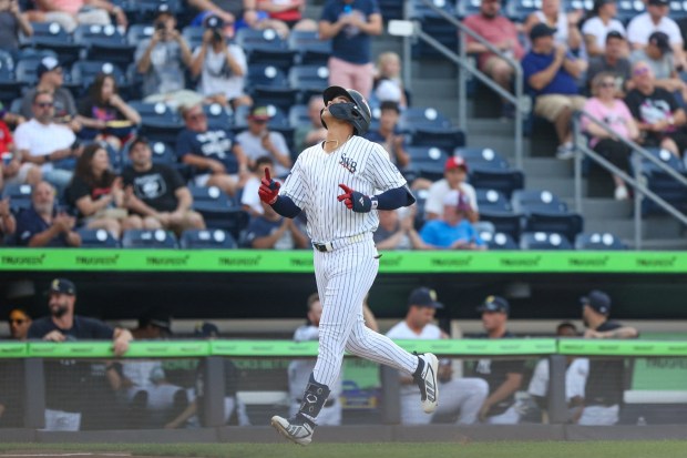 RailRiders' George Lombard Jr. celebrates after hitting a leadoff home run during a RailRiders game on Friday, July 17, 2026. (JASON ARDAN / STAFF PHOTOGRAPHER)