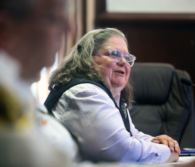 Romilda Crocamo, county manager, Luzerne County speaks about the homeless during the the Senate Majority Policy Committee and House Republican Policy Committee public hearing on crime trends and policies to make Pennsylvania communities safer on Monday Aug. 11 2026 at Hazleton City Hall.(John Haeger / Staff Photographer9