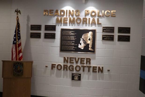 A new memorial inside police headquarters at Reading's City Hall honors the 8 city officers killed in the line of duty since 1868.(Courtesy of the city of Reading.)