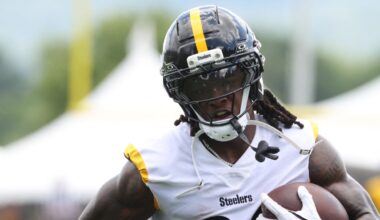 Jul 30, 2026; Latrobe, PA, USA; Pittsburgh Steelers running back Kaleb Johnson (20) participates in training camp drills at Saint Vincent College.