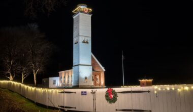 Presque Isle Lighthouse lit up for Christmas in Erie PA