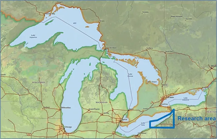 A map of the Great Lakes showing a border marking the northeastern edge of Lake Erie, labeled "Research area."