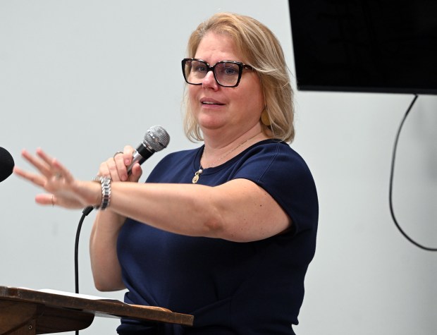 Jessica Jones, director, explains how the Berks County Area Agency on Aging is implementing an enhanced home-delivered meals program at lunch in the Reading Senior Center, 40 N. Ninth St., on Monday, Aug. 10, 2026. (BILL UHRICH/READING EAGLE)