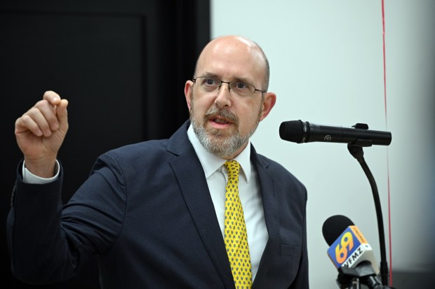 Tower Health trauma surgeon Dr. Thomas Geng Jr., chief medical officer at Reading Hospital, speaks during the grand reopening of the Miller-Keystone Blood Center, 2744A Leisczs Bridge Road, Bern Township, on Monday, Aug. 24, 2026. (BILL UHRICH/READING EAGLE)