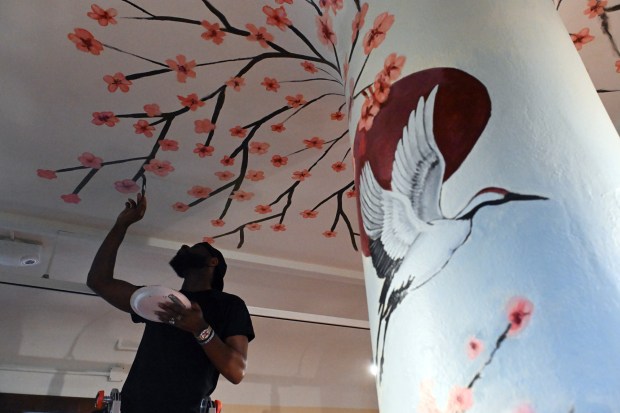 Reading artist Theron Cook paints cherry blossoms on the ceiling of the Pagoda lobby. (BILL UHRICH/READING EAGLE)