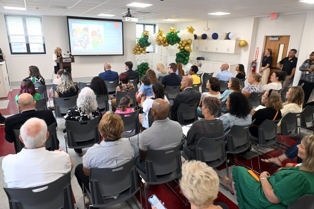 Michelle Wunder, regional ambassador for the Pennsylvania Child Care Association, speaks during ceremonies honoring the Patton Avenue Learning Center's STAR 4 achievement on Monday, Aug. 17, 2026. (BILL UHRICH/READING EAGLE)