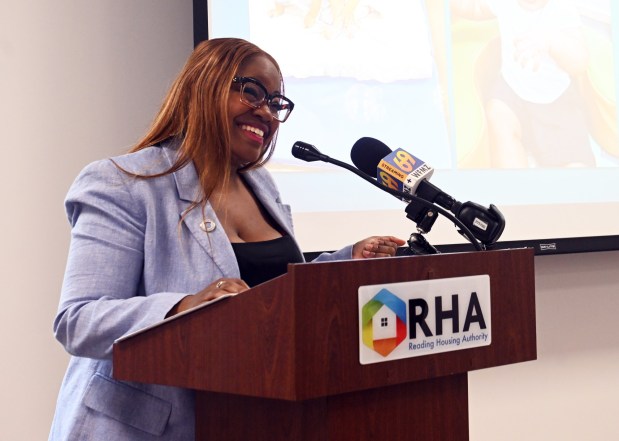Shante' Brown, deputy secretary of the state Office of Child Development and Early Learning, speaks during ceremonies honoring the Patton Avenue Learning Center's STAR 4 achievement on Monday, Aug. 17, 2026. (BILL UHRICH/READING EAGLE)