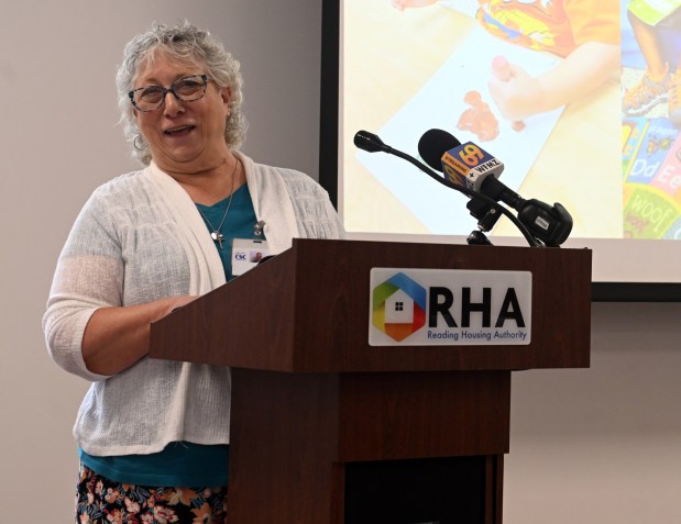 Sheri Roth, quality coach for Early Learning Resource Center 13, speaks during ceremonies honoring the Patton Avenue Learning Center's STAR 4 achievement on Monday, Aug. 17, 2026. (BILL UHRICH/READING EAGLE)