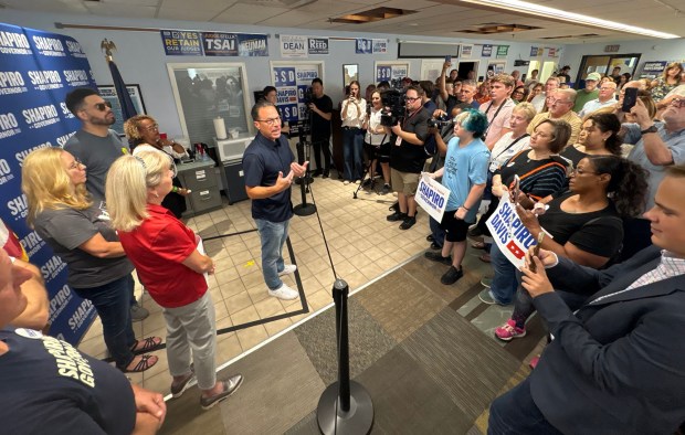 Pennsylvania Gov. Josh Shapiro speaks during a visit Saturday to the headquarters of the Berks County Democratic Committee, 1251 N. Front St. (BILL UHRICH/READING EAGLE)