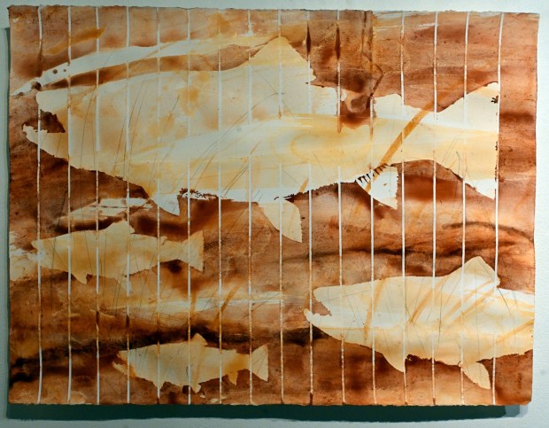 Sally Veach's "Red Mo #1/Brook Trout" is a painting on display at the GoggleWorks that was created with pigments from acid mine drainage from abandoned coal mines. (BILL UHRICH/READING EAGLE)