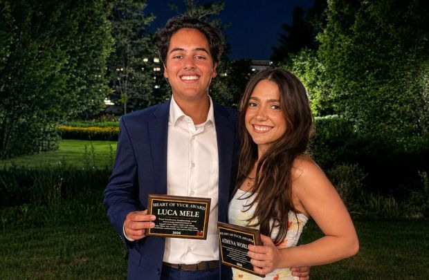 VOiCEup Berks youth volunteers were honored recently at the organization's 10th anniversary gala. Luca Mele, a senior at Lancaster Country Day School, received the 2026 Heart of Youth Volunteer Corps of Reading Award for his compassion and commitment to service. Athena Worley, a senior at Wilson High School who has logged more than 1,000 volunteer hours, received the organization's highest youth honor, the 2026 Youth Volunteer Corps of Reading Youth of the Year Award. (Courtesy of VOiCEup Berks.)
