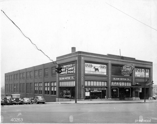 An undated photo of a Ford / Bloom Motor Co. auto sales and repair building on Wyoming Avenue at Olive Street in Scranton. The building later became a D.G. Nicholas building, which was bought in November of 2025 by a firm of developer Don Mammano. In summer of 2026, Mammano is renovating the building into commercial space and apartments. (LACKAWANNA HISTORICAL SOCIETY VIA DON MAMMANO)