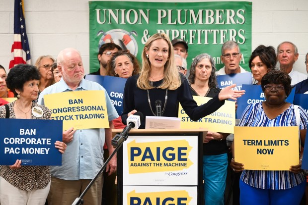 Democratic candidate for Pennsylvania's 8th congressional district Paige Cognetti holds a press conference at the United Association Local Union 524 in Scranton Thursday, July 9, 2026. (SEAN MCKEAG. / STAFF PHOTOGRAPHER)