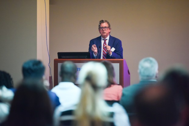 Mark R. Speicher, PhD, MHA, senior vice president of research, learning and innovation at the American Association of Colleges of Osteopathic Medicine, touts the Northeast Pennsylvania Clinical Education Consortium during an event at Regional Hospital of Scranton Wednesday, August 12, 2026. (SEAN MCKEAG / STAFF PHOTOGRAPHER)