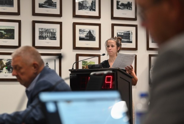 Founder of the Facebook page 'Stop Archbald Data Centers' Tamara Misewicz-Healey, of Archbald, speaks during the Lackawanna County Commissioners' Meeting held at the county government center in Scranton Wednesday, August 5, 2026. (SEAN MCKEAG / STAFF PHOTOGRAPHER)