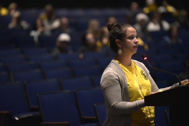 Tamara Misewicz-Healey, co-founder of Stop Archbald Data Centers, asks questions during an Archbald Borough Council meeting at Valley View High School on Monday, May 11, 2026. (CHAD SEBRING/STAFF PHOTO).