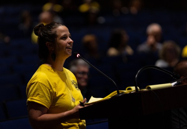 Stop Archbald Data Centers co-founder Tamara Misewicz-Healey cross-examines a data center representative during a conditional use hearing at the Valley View High School auditorium in Archbald on Thursday, June 18, 2026. (FRANK WILKES LESNEFSKY / STAFF PHOTO)