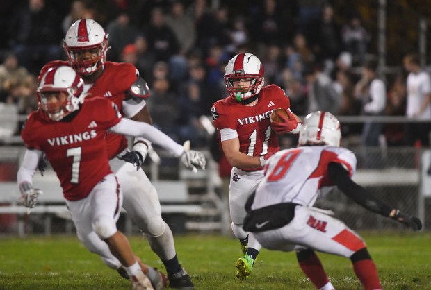 Riverside's Charlie Anstett runs against Lackawanna Trail at Veterans Memorial Stadium in Taylor Friday, Oct. 24, 2025. (SEAN MCKEAG / STAFF PHOTOGRAPHER)