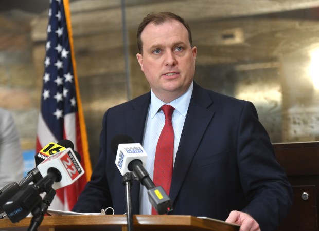 Lackawanna County District Attorney Brian Gallagher speaks during a press conference in the foyer of the Lackawanna County Courthouse in Scranton Monday, April 6, 2026. (SEAN MCKEAG / STAFF PHOTOGRAPHER)