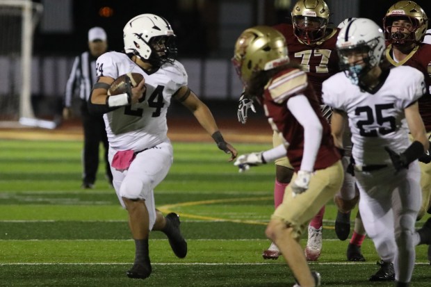 Delaware Valley's Devin Estevez carries the ball during the football game at Veterans Memorial Stadium in Scranton on Thursday, Oct. 23, 2025. (REBECCA PARTICKA/STAFF PHOTOGRAPHER)