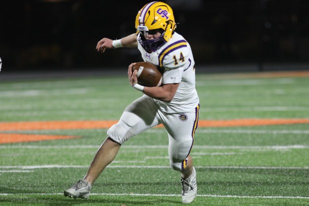 Scranton Prep's Braedon McPartland carries the ball during the Class 3A first round playoff game at Milton High School in Milton on Friday, Nov. 14, 2025. (REBECCA PARTICKA/STAFF PHOTOGRAPHER)