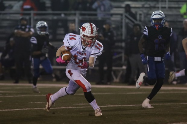 Lackawanna Trail's Tim Richmond carries the ball during the Class 1A quarterfinal football game at Northern Lehigh High School in Slatington on Friday, Nov. 21, 2025. (REBECCA PARTICKA/STAFF PHOTOGRAPHER)