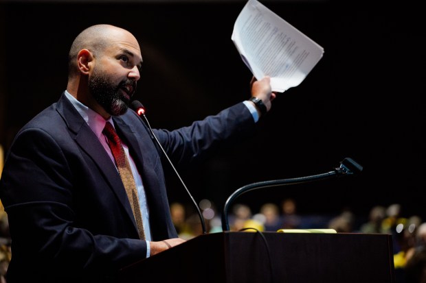 Attorney Justin Richards addresses representatives of the proposed Wildcat Ridge Data Center Campus during a public hearing at Valley View High School in Archbald, Pa., on Tuesday, Aug. 4, 2026. (ISAAC DIAZ / STAFF PHOTO)