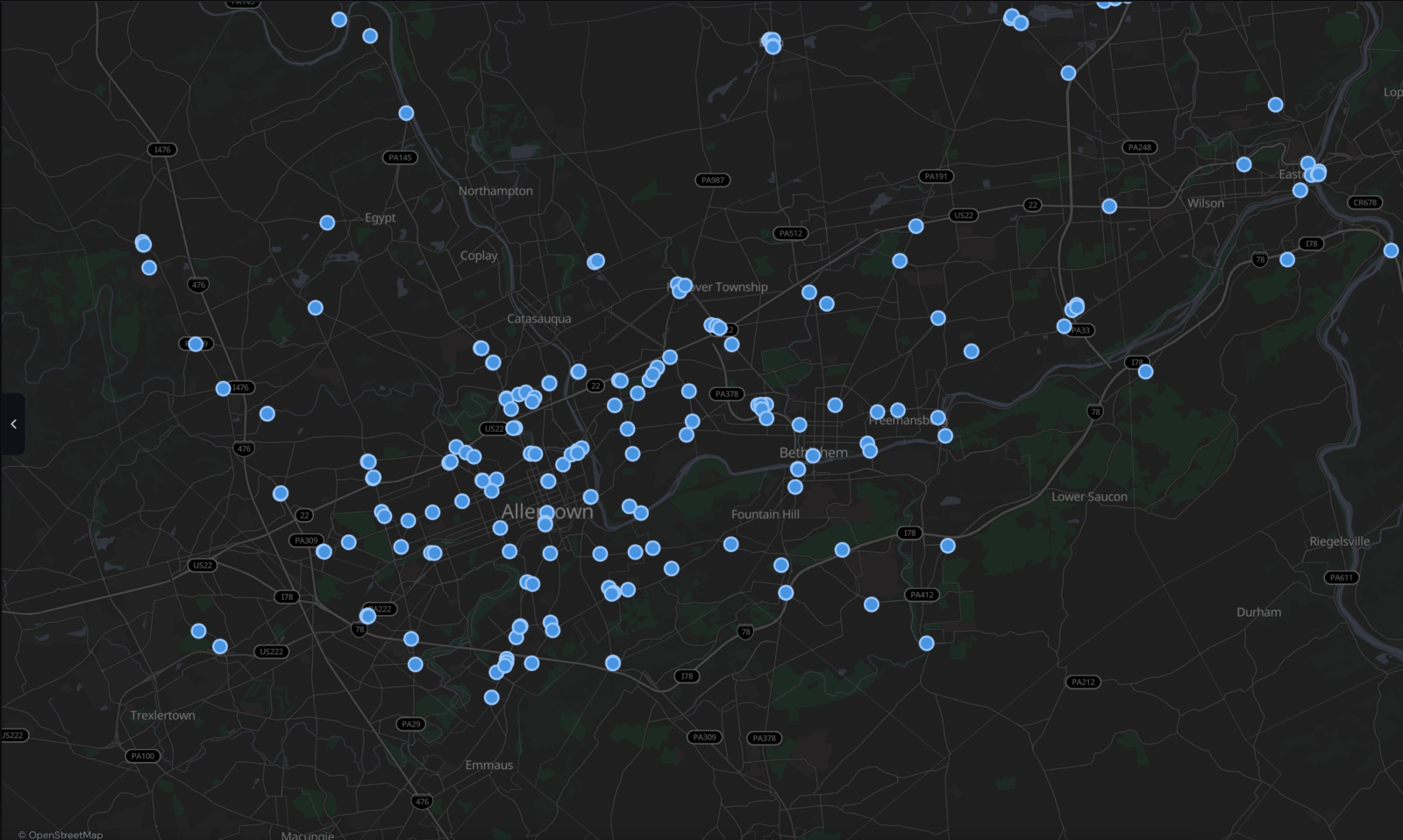 A dark-mode digital map of the Lehigh Valley dotted with light-blue markers.