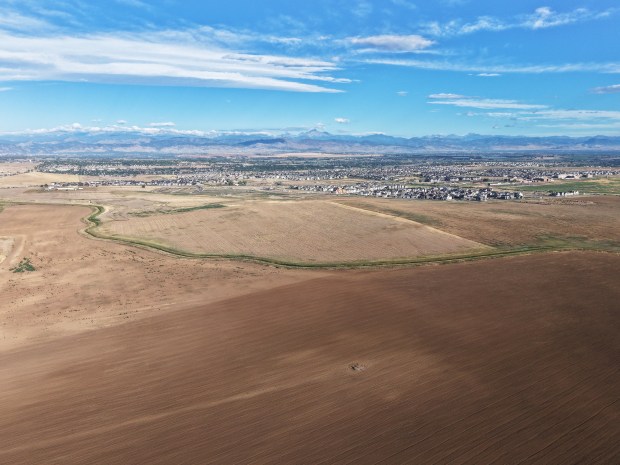 The land where the 26-well Draco Pad is planned, as seen from above, near Garfield Road and County Road 7 outside Erie on Thursday, July 30, 2026. (Photo by Hyoung Chang/The Denver Post)