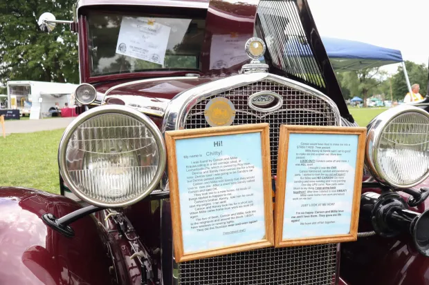 Chitty, a 1931 Ford Model A, is displayed Sunday, Aug. 2, 2026, at the 63rd annual Das Awkscht Fescht antique and classic car show at Macungie Memorial Park in Macungie. Chitty was previously owned by Dennis and Sandy Hein of Lenhartsville before coming into the ownership of Carson and Millie Krause, also of Lenhartsville. (Jon Chiu/The Morning Call)