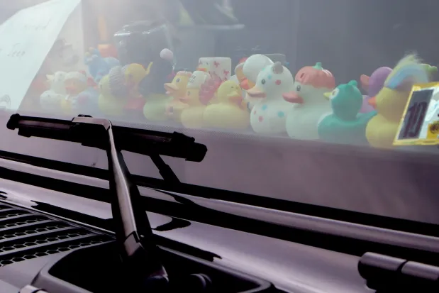 Rubber ducks are lined up in a row on a Jeep's dashboard Sunday, Aug. 2, 2026, at the 63rd annual Das Awkscht Fescht antique and classic car show at Macungie Memorial Park in Macungie. (Jon Chiu/The Morning Call)