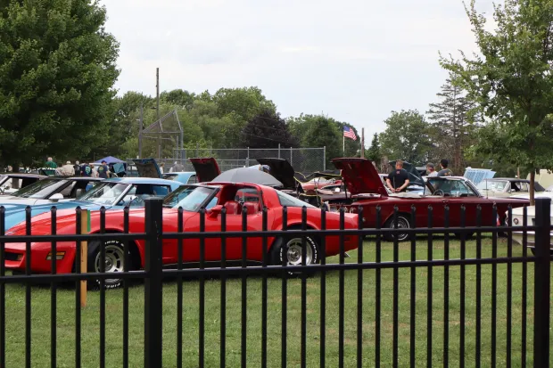 Rows of cars are on display on Sunday, Aug. 2, 2026, at the 63rd annual Das Awkscht Fescht antique and classic car show at Macungie Memorial Park in Macungie. (Jon Chiu/The Morning Call)