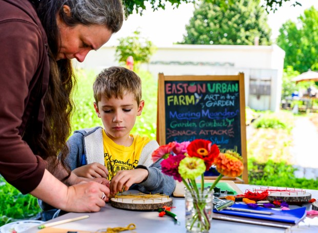 Tom and other children create string art inspired by plants and flowers with the help of lead instructor Katy Hunter on Monday, Aug. 17, 2026, during Art in the Garden: A Week of Creativity in Easton Urban Farm at the Neighborhood Center in Easton. During the event, children spend their mornings exploring the Easton Urban Farm while creating hands-on art inspired by the world around them. (April Gamiz/The Morning Call)