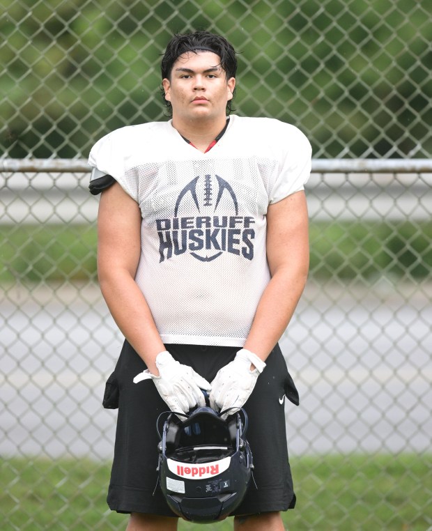 Marcus Soto, stands for a picture after the Dieruff football team holds practice Monday, Aug, 10, 2026, on the opening day of the heat acclimatization period. The Huskies practice well away from the school on North 3rd Street in Allentown. (Monica Cabrera/The Morning Call)