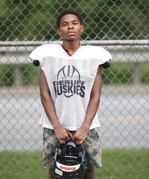Kayson Barlow stands for a picture after the Dieruff football team holds practice Monday, Aug, 10, 2026, on the opening day of the heat acclimatization period. The Huskies practice well away from the school on North 3rd Street in Allentown. (Monica Cabrera/The Morning Call)
