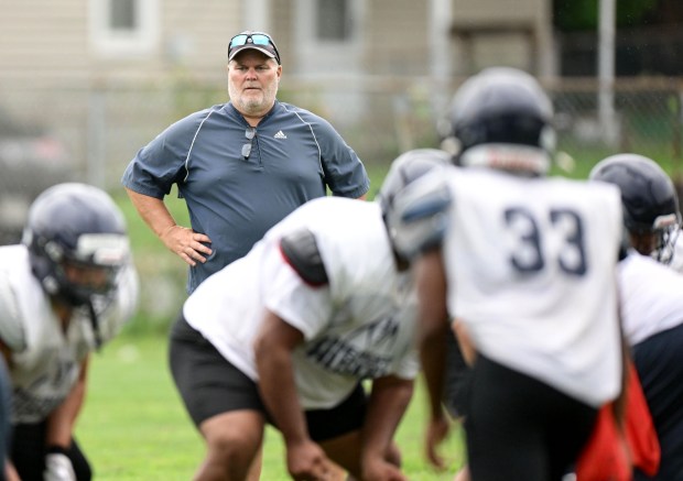 The Dieruff football team led by Coach Dave Lutte holds practice Monday, Aug, 10, 2026, on the opening day of the heat acclimatization period. The Huskies practice well away from the school on North 3rd Street in Allentown. (Monica Cabrera/The Morning Call)