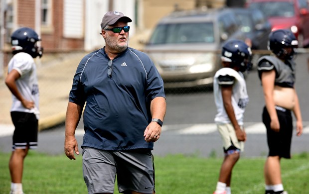 The Dieruff football team led by Coach Dave Lutte holds practice Monday, Aug, 10, 2026, on the opening day of the heat acclimatization period. The Huskies practice well away from the school on North 3rd Street in Allentown. (Monica Cabrera/The Morning Call)