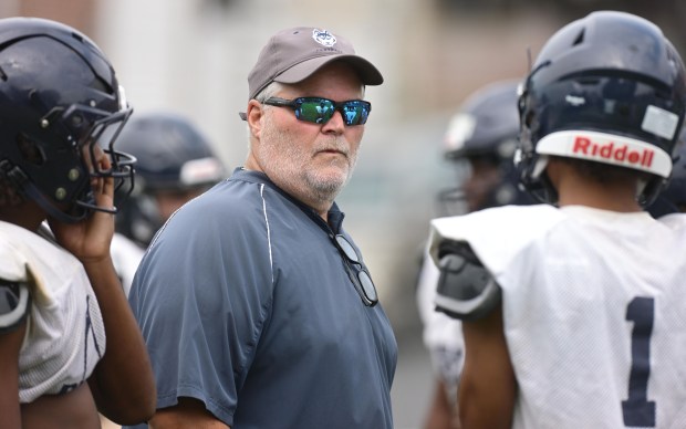 The Dieruff football team led by Coach Dave Lutte holds practice Monday, Aug, 10, 2026, on the opening day of the heat acclimatization period. The Huskies practice well away from the school on North 3rd Street in Allentown. (Monica Cabrera/The Morning Call)