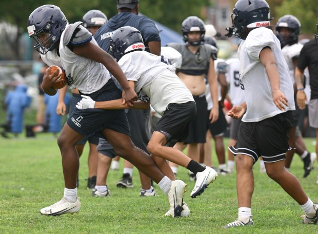 The Dieruff football team holds practice Monday, Aug, 10, 2026, on the opening day of the heat acclimatization period. The Huskies practice well away from the school on North 3rd Street in Allentown. (Monica Cabrera/The Morning Call)