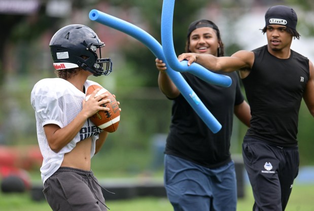 The Dieruff football team holds practice Monday, Aug, 10, 2026, on the opening day of the heat acclimatization period. The Huskies practice well away from the school on North 3rd Street in Allentown. (Monica Cabrera/The Morning Call)