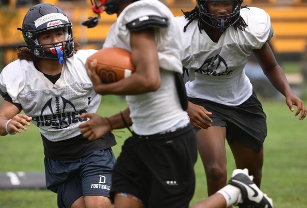 The Dieruff High School football team kicks off its preseason training Monday, Aug, 10, 2026, on the opening day of the heat acclimatization period. The Huskies practice well away from the school on North 3rd Street in Allentown. (Monica Cabrera/The Morning Call)