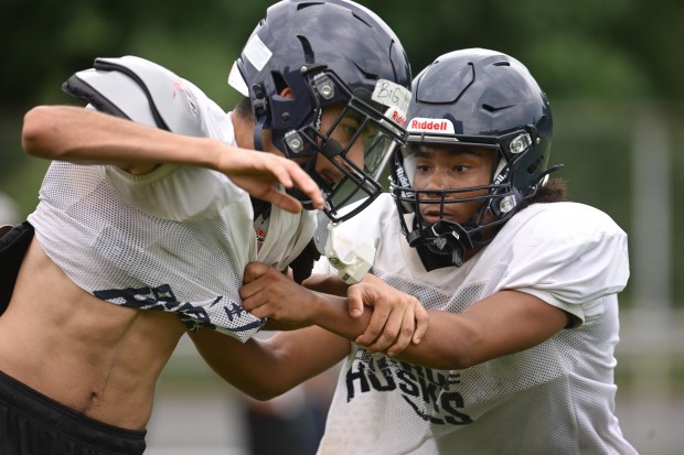 The Dieruff High School football team kicks off its preseason training Monday, Aug, 10, 2026, on the opening day of the heat acclimatization period. The Huskies practice well away from the school on North 3rd Street in Allentown. (Monica Cabrera/The Morning Call)