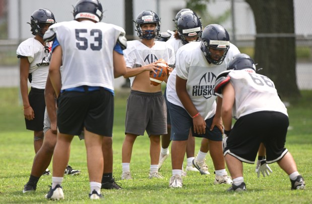 The Dieruff High School football team kicks off its preseason training Monday, Aug, 10, 2026, on the opening day of the heat acclimatization period. The Huskies practice well away from the school on North 3rd Street in Allentown. (Monica Cabrera/The Morning Call)