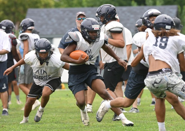 The Dieruff High School football team kicks off its preseason training Monday, Aug, 10, 2026, on the opening day of the heat acclimatization period. The Huskies practice well away from the school on North 3rd Street in Allentown. (Monica Cabrera/The Morning Call)