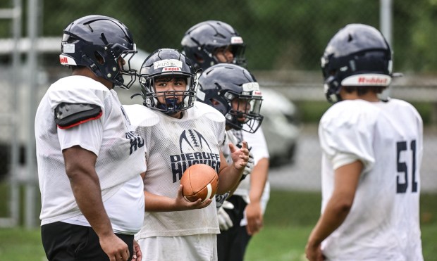 The Dieruff High School football team kicks off its preseason training Monday, Aug, 10, 2026, on the opening day of the heat acclimatization period. The Huskies practice well away from the school on North 3rd Street in Allentown. (Monica Cabrera/The Morning Call)